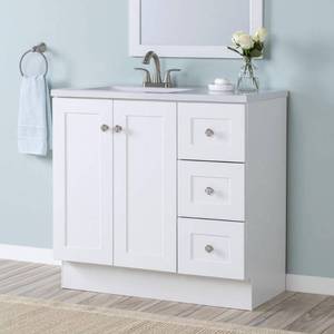 lot 111 image: Glacier Bay Bannister 37 in. Single Sink White Bath Vanity with Granite-Look Colorpoint White Cultured Marble Top (Assembled)