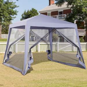 lot 116 image: Outsunny 10 ft. x 10 ft x 7.75 ft. H Folding Steel Frame Slant Screen Sun Canopy Tent w Mesh Sidewalls & UV Protection, White 1