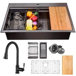 AKDY All-in-One Matte Black Stainless Steel 33 in. x 22 in. Single Bowl Drop-in Kitchen Sink with Pull-down Faucet
