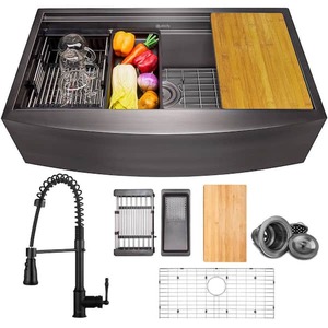 lot 147 image: AKDY All-in-One Matte Black Finished Stainless Steel 33 in. x 22 in. Farmhouse Apron Mount Kitchen Sink with Faucet