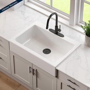 lot 160 image: SINKOLOGY Josephine 34 in. 3-Hole Quick-Fit Farmhouse Apron Front Drop-in Single Bowl Crisp White Fireclay Kitchen Sink