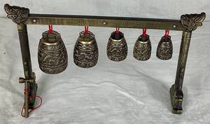 lot 29 image: Vintage Solid Brass Chimes Five Bells Meditation Gong 11