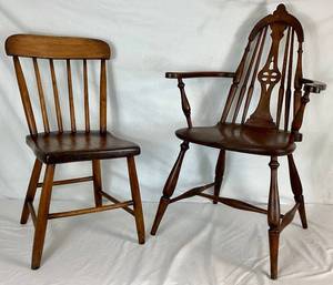 lot 27 image: Pair of Vintage Wooden Chairs - Windsor Arm Chair, circa 1940s and Primitive Style Spindle Back Youth  Chair