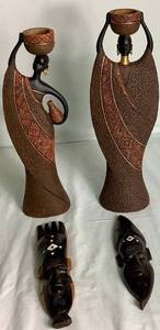 lot 54 image: Two Handcarved Senegal Tribal Masks and Pair of African Women Tealight Holders