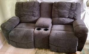 lot 23 image: Gray Fabric Loveseat - Level Reclining on Both Ends - 2 Plastic Cupholders - Armrest with Hidden Plastic Compartment