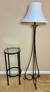 lot 97 image: Wrought Iron Rowe Pottery Workshops Floor Lamp and End Table