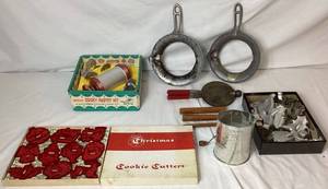 lot 71 image: Vintage Kitchen Baking Collection - Krumkake Baker, Cookie Cutters, Cooky Pastry Kit and More