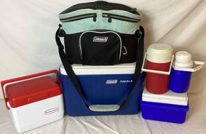 lot 82 image: Portable Cooler and Beverage JugsCooler Bundle - Coleman, Rubbermaid and Igloo