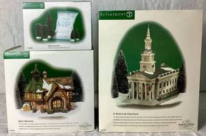 lot 73 image: Dept 56 Dickens Village St Martin in the Fields Chruch, Baylys Blacksmith and Village Landscape Starter Set