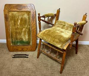 lot 129 image: Norwegian Antique Adjustable Chair Table -Good original condition with significant green velvet fabric fading