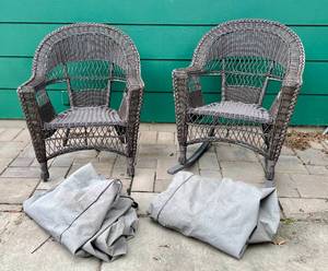 lot 135 image: Pair of Woven Wicker Chairs with Covers - One Rocker and One Stationary Chair