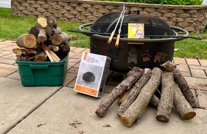 lot 133 image: Bear Themed Firepit 36 Round with Cover, Screen and Wood