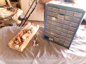 lot 34 image: Misc Tools Miter Box, Parts Cabinet WMisc, Bolts & Nuts