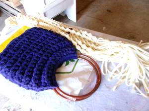 lot 64 image: Crochet Blue Purse WWood Handles & Crochet Plant Hanger