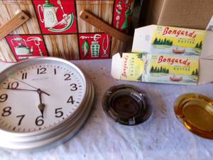 lot 66 image: Vintage Items Glass Ash Trays, Metal Picnic Basket & Bongards Butter Boxes