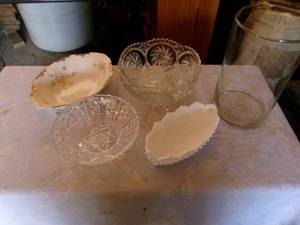 lot 80 image: Glassware Cut Glass Bowls & Milk Glass Pickle Dish
