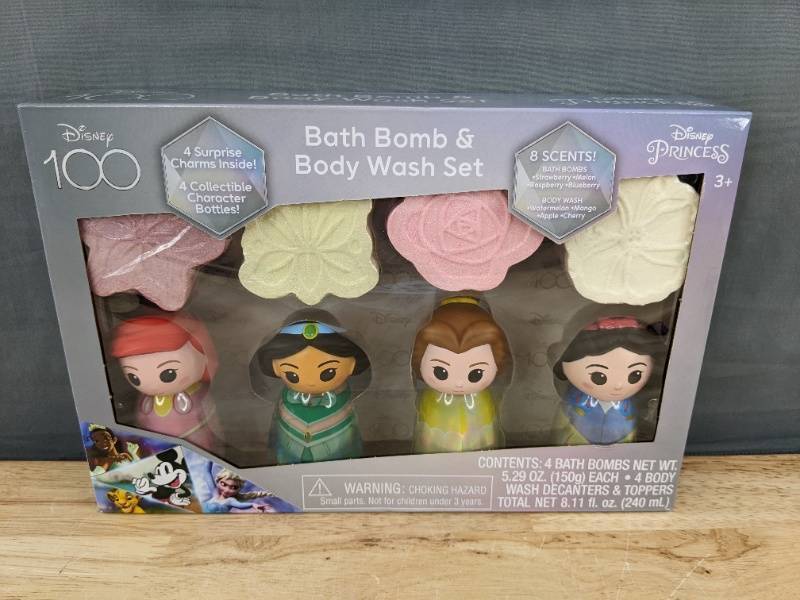 lot 6J image: Brand New Disney Princess Bath Bomb and Body Wash Set with Body Wash Decanters & Charms