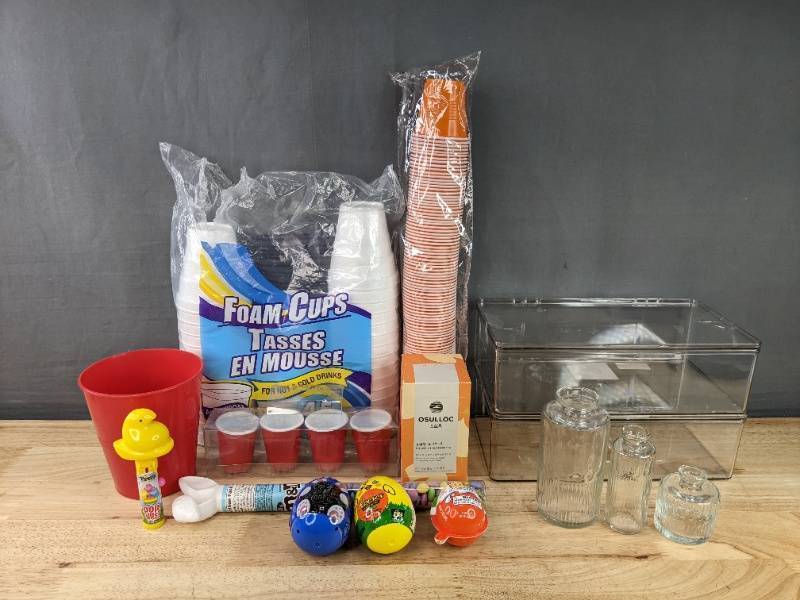 lot 165 image: Brand New Household Items Including Foam Cups, Glass Jars, and More