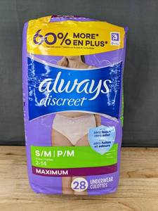 lot 655 image: 28 Brand New Always Discreet Maximum Underwear, Size 2-14 - SM