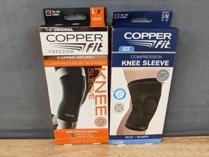lot 103K image: Brand New Copper Fit Compression Knee Sleeve Size L and Ice Compression Knee Sleeve Size Unisex SM