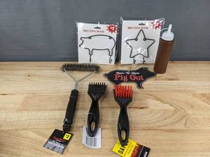 lot 88K image: 7 Brand New BBQ Grill Accessories - Brushes, Bottle, Hooks, Pig Out Sign