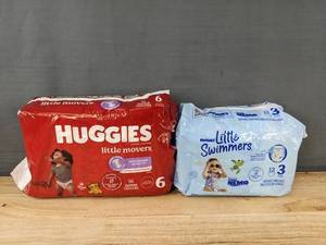 lot 72K image: 16 Brand New Huggies Little Movers Diapers Size 6 & 12 Little Swimmers Swim Pants Size 3