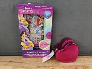 lot 81K image: Brand New Disney Princess Activity Fun Set & Heart Shaped Zippered Pouch