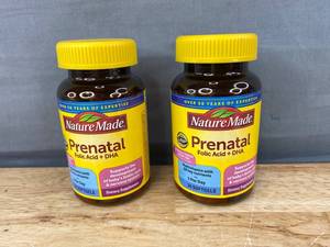 lot 86K image: 2 Brand New Nature Made Prenatal Folic Acid  DHA Bottles - 30 Softgels Each