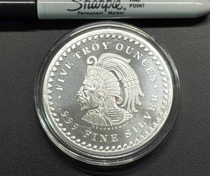 lot 27 image: 5 Troy Ounce .999 Fine Silver Round with Aztec Calendar Design