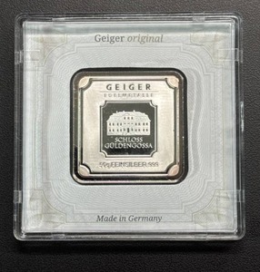 lot 28 image: Geiger Original 50g Silver Bar in Sealed Acrylic Case