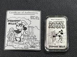 lot 91 image: Walt Disney Steamboat Willie 1 oz Silver Bar With COA