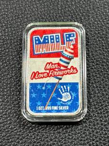 lot 105 image: 1 oz .999 Fine Silver Bar - Man I Love Fireworks Patriotic Design