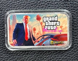 lot 118 image: 1oz .999 Silver Bar TRUMP Grand Theft Auto