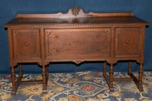 lot 2 image: Vintage Carved Wood Sideboard with Decorative Backpiece