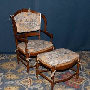 lot 3 image: French Provincial Armchair with Rush Seat & Matching Footrest