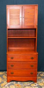 lot 4 image: Vintage Red-Toned Wooden Hutch  Two-Piece Design