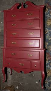 lot 7 image: Tall Red Painted Dresser with Distressed Finish