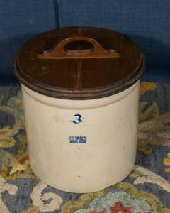 lot 20 image: Ruckels 3-Gallon Stoneware Crock with Wooden Lid