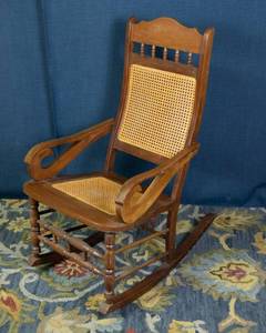 lot 27 image: Vintage Rocking Chair with Woven Cane Seat & Back