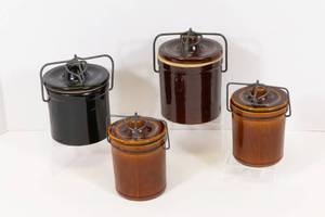 lot 46 image: Set of 4 Vintage Stoneware Crocks with Metal Clamped Lids
