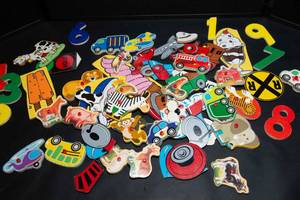 lot 78 image: Upcycled Wooden Puzzle Piece Magnets  Set of Assorted
