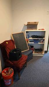 lot 45 image: Musical Equipment Bundle with Cables, Microphone, Drumsticks, Chairs and bookshelf including contents.