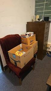 lot 48 image: Wooden Vertical File Cabinet, Brown, 4 Drawers, with Office Equipment and two chairs.