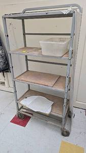 lot 52 image: Metal Utility Cart, 4 Shelves, Swivel Casters, Gray