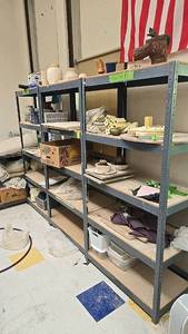 lot 55 image: Metal Shelving Unit, 4 Adjustable Shelves, Gray, includes all contents.
