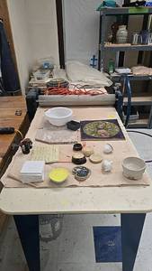 lot 67 image: Slab Roller for Pottery with Hand-Crank Wheel, Approx. 60x30 Table. Contents included.
