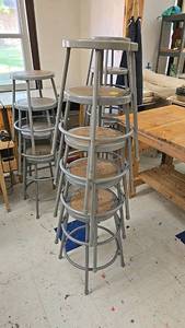 lot 69 image: (5) Stackable Metal & Wood Workshop Stools, 30 Height, GrayBrown