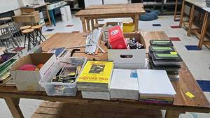 lot 77 image: Mixed Lot of Office and Art Supplies, on top of table.