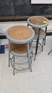 lot 83 image: (4) Metal Frame Bar Stools, Wood Seat, Gray with Blue Accents, 30 Height