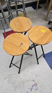 lot 84 image: (3) Folding Stools, Wood Seat, Metal Legs, 12x18 Inch
